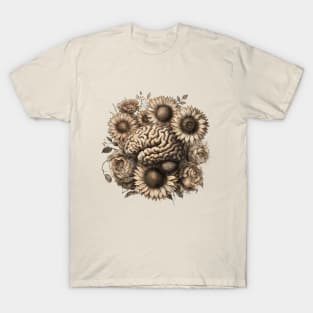 Brain sunflowers Bloom, leaves, vintage sunflowers, Positivity, creativity, right hemisphere brain, health, Mental T-Shirt